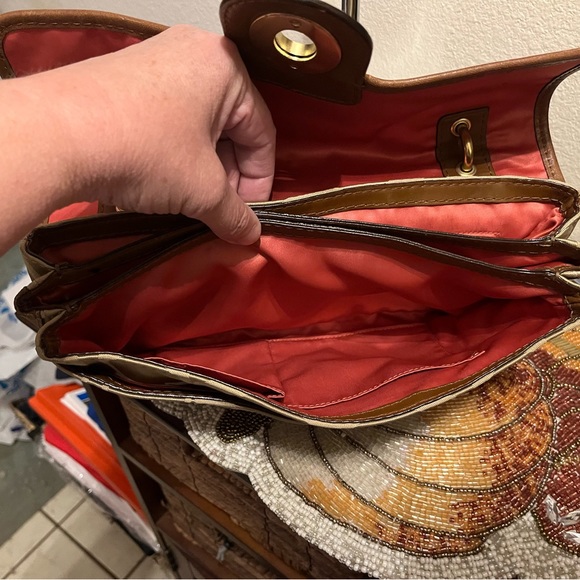 Coach Peyton Signature Sateen Khaki/Brown Python Embossed Leather, Flap Bag. EUC - Picture 7 of 10